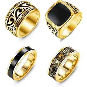 Jstyle 4Pcs Stainless Steel Vintage Signet Rings for Men Biker Rings Set Pinky Thumb Celtic Band Ring Spinner Ring Silver Gold Polished Edge Mens Rings for Men Jewelry Gift