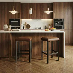 24 inches Brown BarStools Set of 2, PU Leather Kitchen Chairs with 2" Thick Upholstery, Counter Height Bar Stools, Sturdy Metal Base, Easy Assembly, for Kitchen Island, Bar Counter