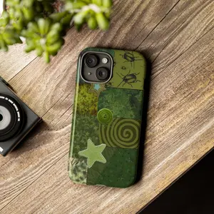 Green Patchwork Tough Phone Case, Vintage Botanical Collage Protective Cover for iPhone 17 Pro Max 17 Air 17Pro 16 15 14 13 12 11 Pro Max and ss, Earthy Aesthetic Nature Design, gift