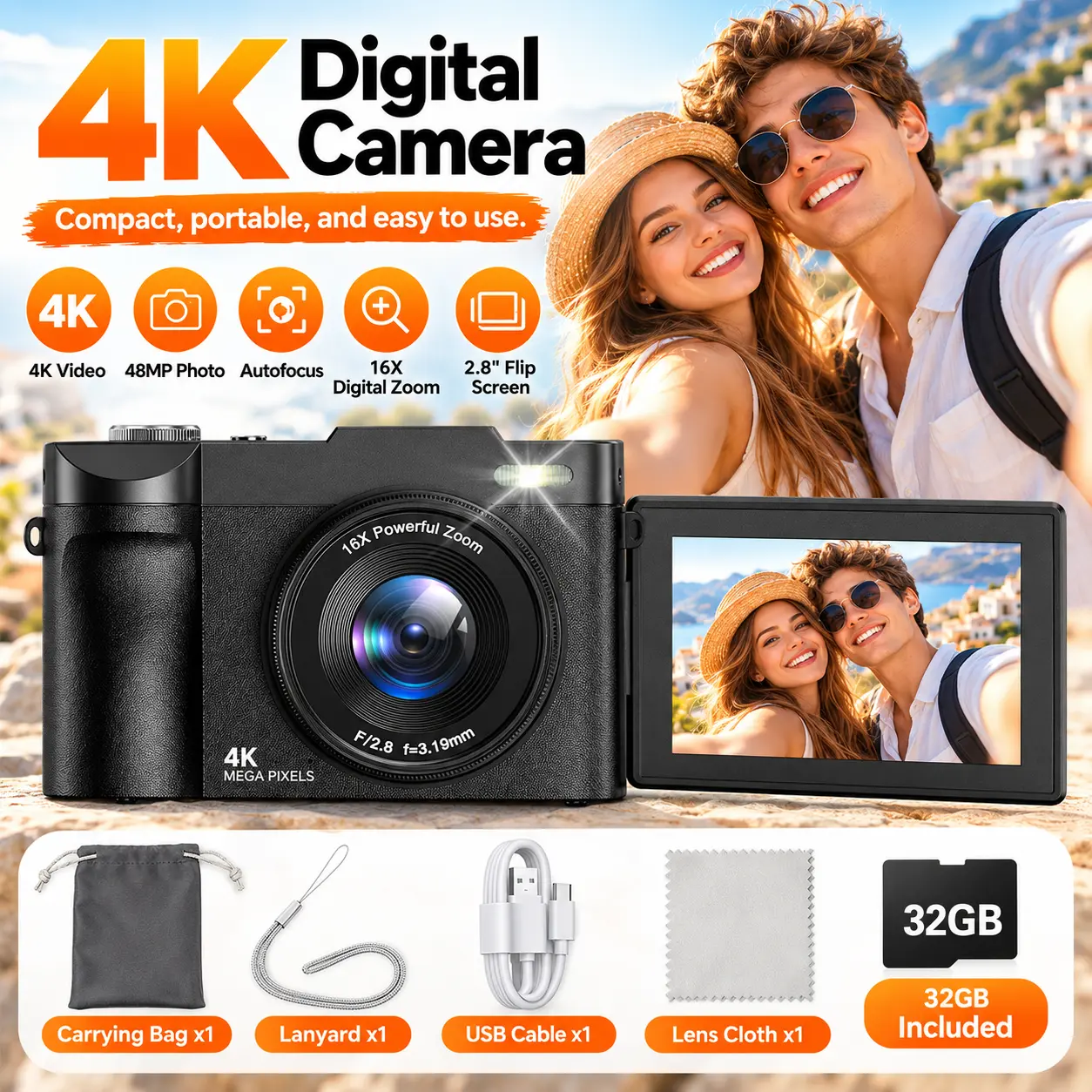 Compact 4K Digital Camera for Beginners, 48MP Sensor, Autofocus, 180° Flip Screen, 16X Zoom Lens, 32GB Memory Card, Rechargeable Battery - Point & Shoot Digital Cameras