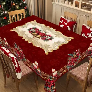 XEXSIN Red Christmas Decor Themed Print Tablecloth - Rectangle Table Cover with Christmas Bell, Poinsettia Flower, Decoración de mantel navideño, Xmas Decor, Holiday Party Decor, Round Table Cloth, Christmas Festive Home Kitchen Accessory Gifts