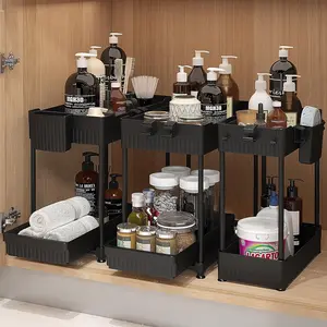 3 Pack Under Sink Organizer, 2-Tier Multi-Use Kitchen Bathroom Organizers and Storage with Sliding Drawer, Bathroom Cabinet Organizer with Hooks and Hanging Cups (Black) Racks Hangable