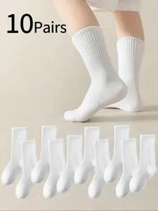 10 Pairs Student Socks, Autumn Winter Korean Style, Plain Mid-Calf, Breathable Sweat-Wicking, for Boys Girls Ages 1-12, Casual Stylish Socks