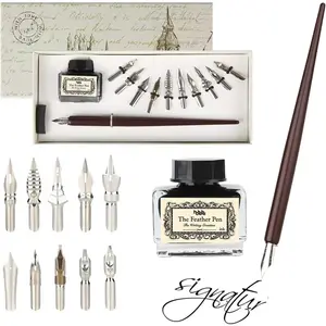 Calligraphy Set for Beginners Quill Pen and Ink Set Fancy Pens with Black Ink and 11 Nibs for Lettering,Drawing, Journaling, Signing, Invitation HO-Q-301