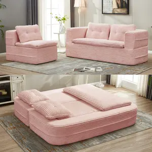 ARCH Multi Functional Sectional Sofa Bed with Independent Chaise Lounge and Soft Blanket Plush Corduroy Convertible Couch 80 Inch King Size Deep Seat Sleeper for Living Room Modern Furniture in Baby Pink