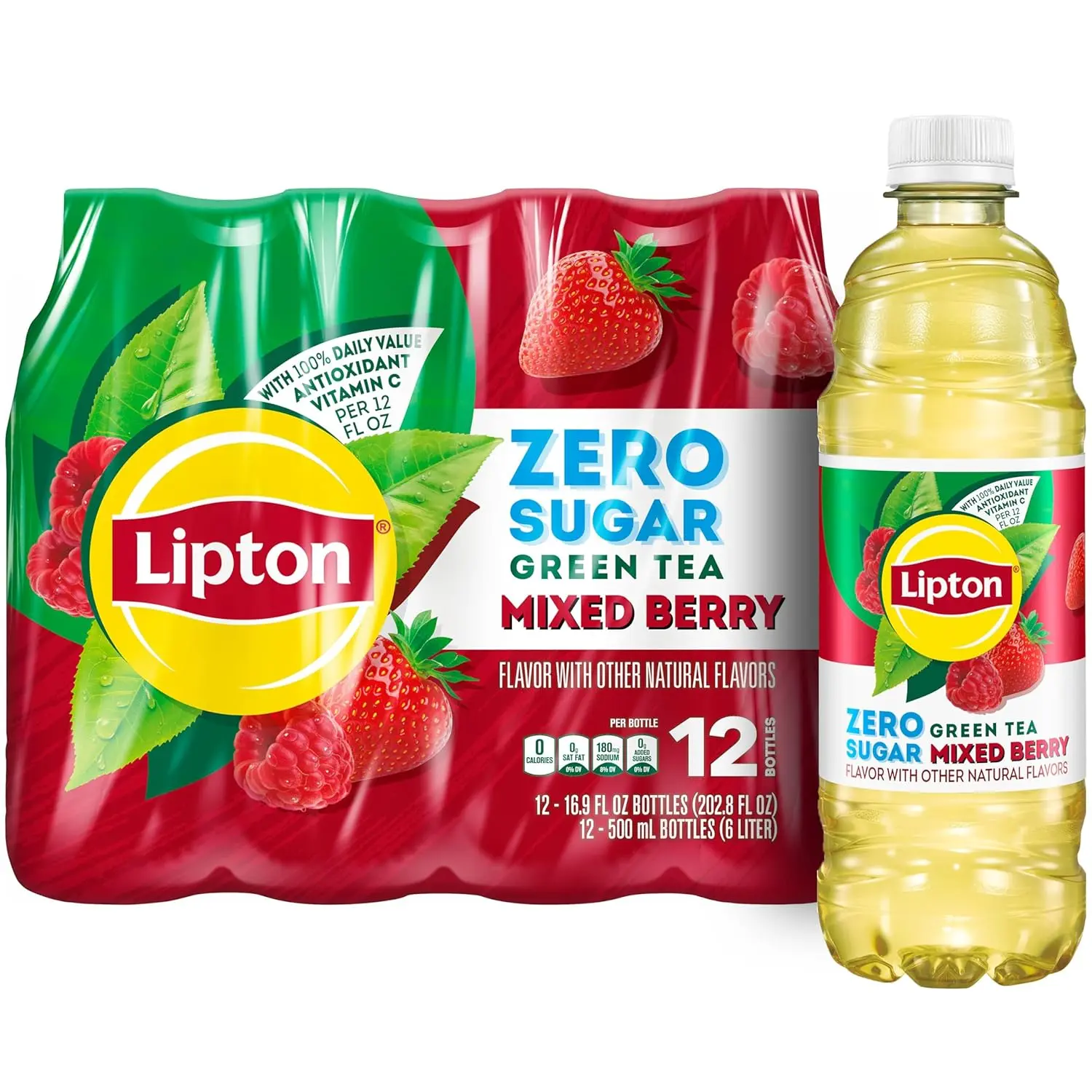 Lipton 0 Sugar Green Tea Mixed Berry Iced Tea, 16.9 fl oz Bottles, 12-Pack, 100% DV Vitamin C Drinks