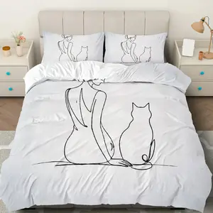 3PCS Duvet Cover Set, 1 Duvet+2 Pillowcases(Without filler), Minimalist Cat Woman Art theme, Christmas bedding set, Elegant Stylish Cozy Decorative Duvet Cover Suitable for decoration Bedroom, Hotel, Guesthouse, Apartment.