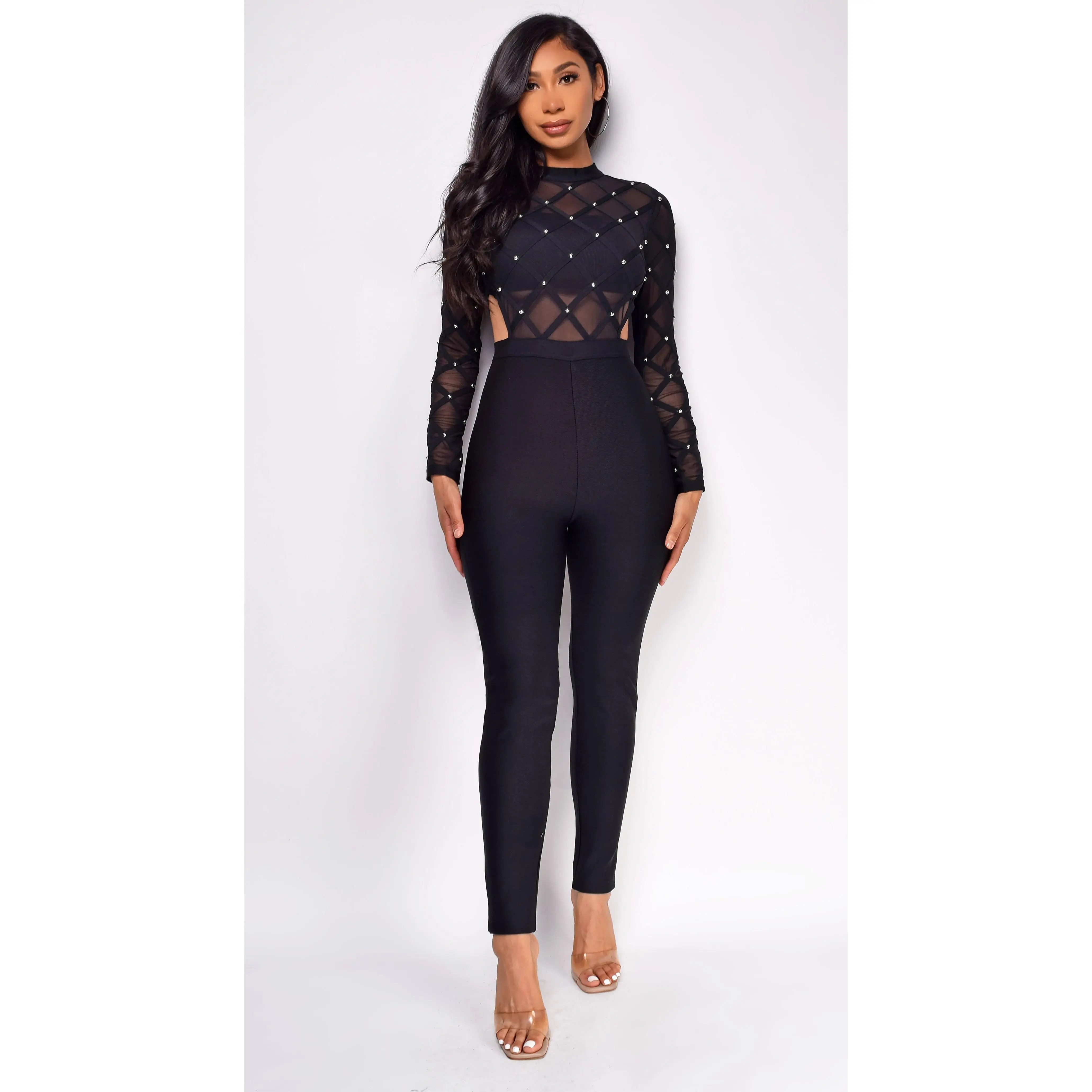 Bonnie Black Mesh Studded Bandage Jumpsuit