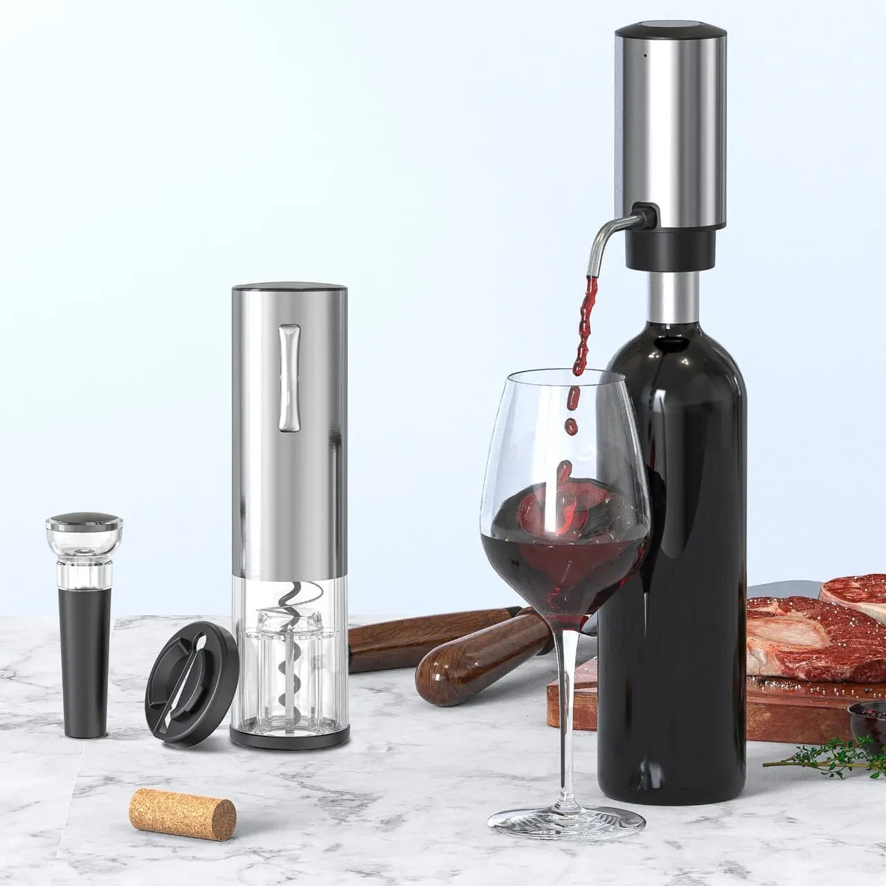 5-in-1 Stainless Steel Electric Wine Opener Set, Smooth-Operation Bar Utensils with Aerator, Foil Cutter, ABS Silver-Black Body, 1-Touch Function, Vacuum Stopper, USB Charging Cable for Home Parties, Bottles