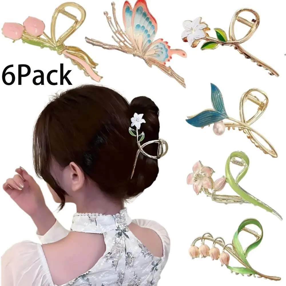 6pcs Fashionable Ladies Hairclip Set with Glittering Design, Butterfly and Flower Motifs, Mermaid Clips, Perfect for Thick Hair, Women'S Large Non-Slip Strong Metal Hair Clips, Sparkly Jaw Claws for Thick Hair, Valentine'S Day Birthday Gift tiktokshopspri