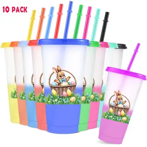 10pcs/24oz/710ml/Plastic Tumblers,Color Changing Cups With Lids And Straws,Water Bottle,Iced Coffee Cups, Easter Bunny Pattern Perfect For Family And Friend Gatherings,Ideal choice for birthday celebration,Valentine's Day Gifts,Easter gifts