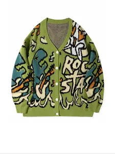 Men's Letter & Dinosaur Print Drop Shoulder Cardigan, Loose Casual Long Sleeve V Neck Button Front Knitwear for Fall & Winter, Men's Knit Clothing for Daily Wear