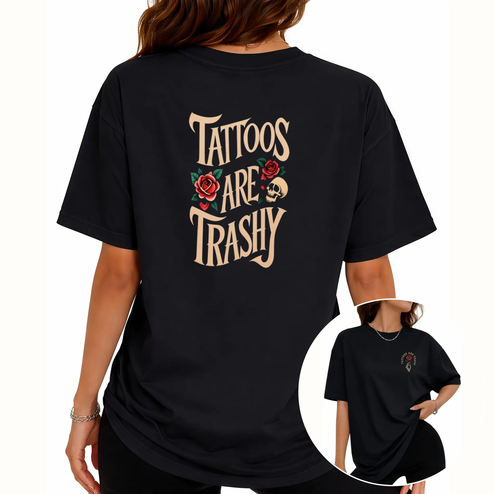 Women's Vintage Cotton T-Shirt - High-Quality, Soft, Fashionable Casual Streetwear, Double-Sided Printed, Lowbrow Tattoo Design, -Shoulder, Round Neck, Shortsleeve Summer Top, Clothes For Women, T Shirts Women,summerwins,summeroutfits,vacationoutfits,