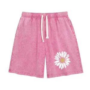 Women's Baggy Cotton Shorts - Fashion Summer Vintage Floral Printed Acid Wash Sweat Shorts, Unisex Casual Streetwear Bottoms with Drawstring, Convenient Pockets, Effortless Women's Clothes