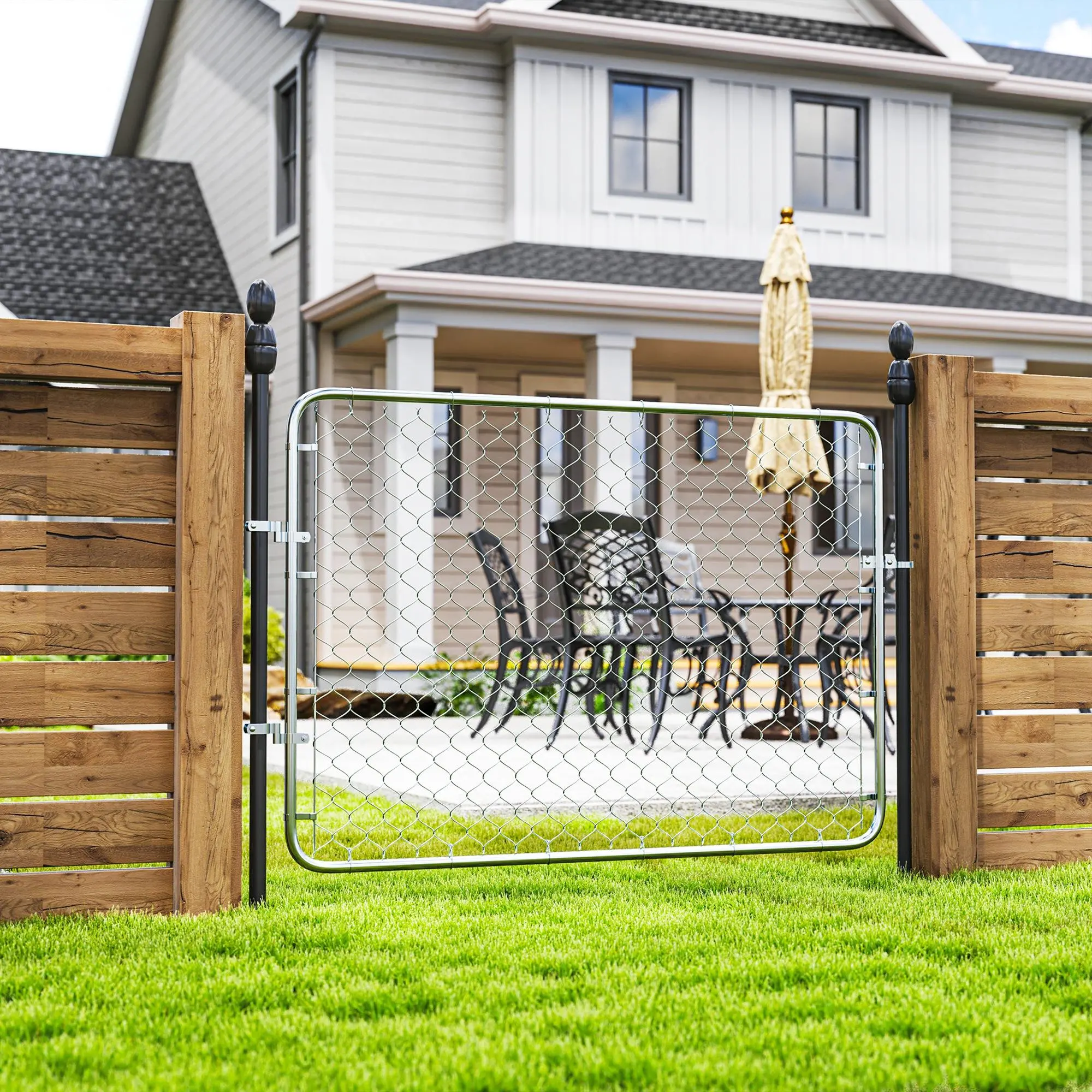 Garden Gate Chain Link Fence Gate Galvanized Steel 47.2 x 70.9 in Silver Adjustable Easy Assembly Secure Latch for Yard Entrance Way