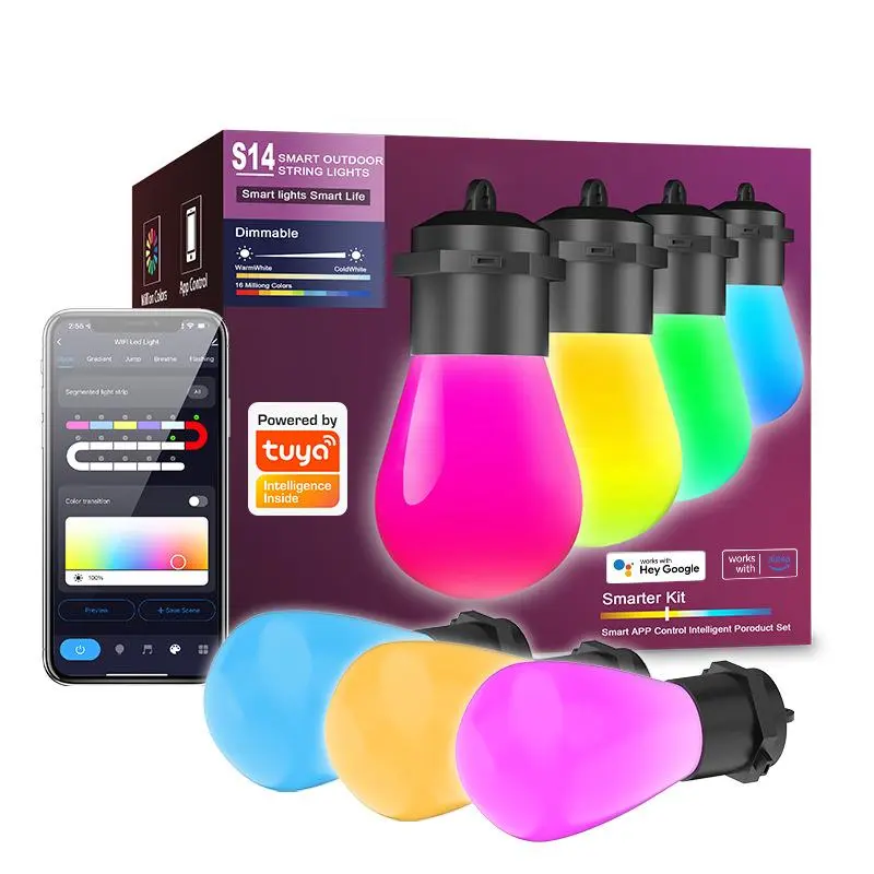 Tuya Smart WiFi RGB Milky S14 LED String Lights - 5V USB-Powered, 12m 20 Bulbs Fairy Festoon Garland, Waterproof IP65 Colorful Light Up Decor for Bedrooms, Clubs (Home Improvement Use), Rgb Lighting