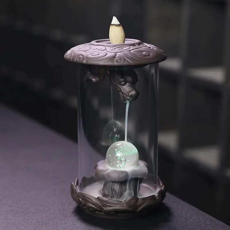 Backflow Incense Burner, Creative LED Feng Shui Ball Chinese Dragon Design Incense Burner with 20pcs Incense Cones, Home Fragrance Decor, Home Decor Supplies, Perfume, Aroma Diffuser, Incense Holders