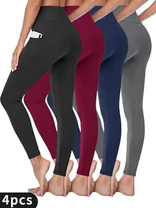 4PCS Compression Leggings for Women with Pockets, Tummy Control High Waisted Shapewear Pants for,Fashion,Thermal Leggings - Assorted Colors And Sizes