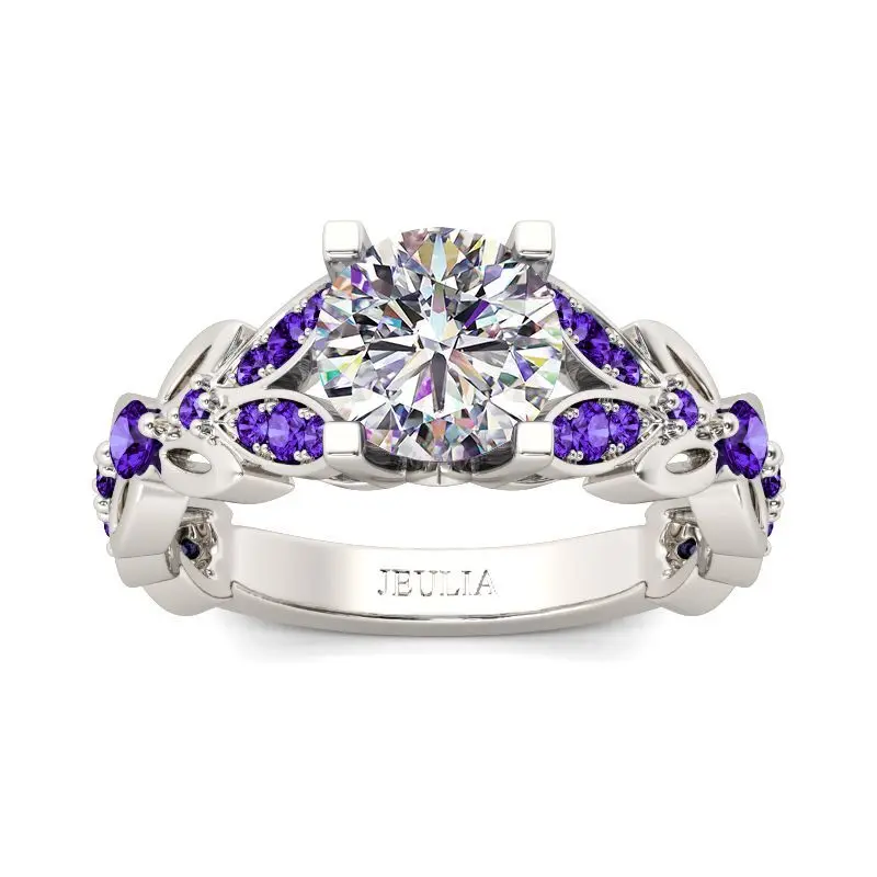 Jeulia 4.3 Carat Personalized Sterling Silver Butterfly Rings for Women Purple Amethyst Bridal Round Cut Wedding Engagement Eternity Valentine's Promise Ring Sterling Silver Zircon