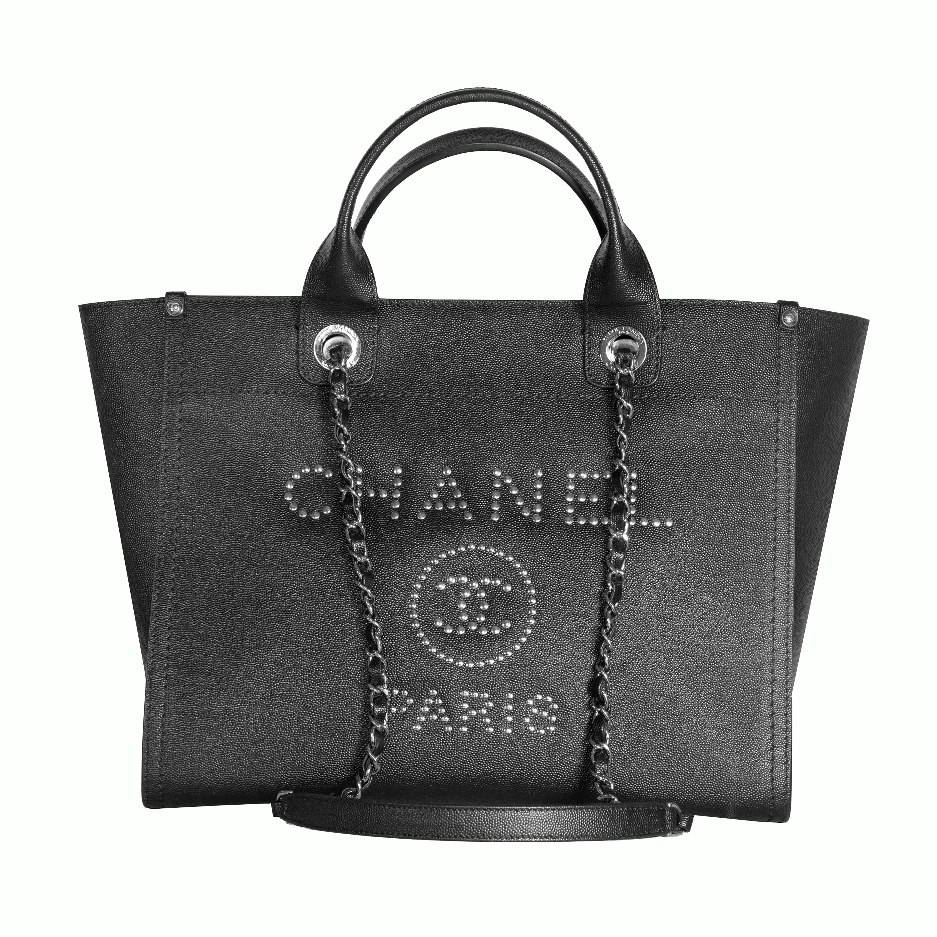 Pre-owned CHANEL Caviar Tote Bags Studded Deauville Tote Medium Black