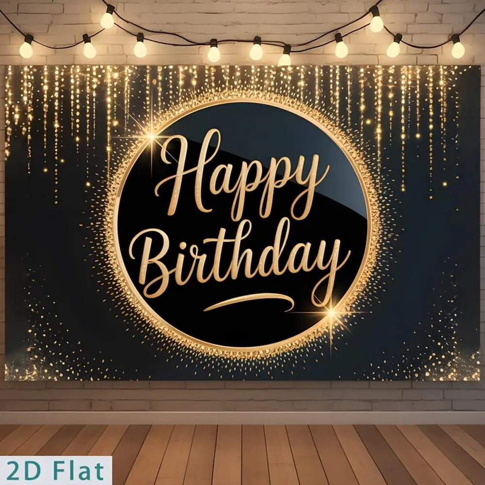 2D Flat Banner Polyester Photography Backdrop, HD Digitally Printed Black and Gold Glitter Sparkle Happy Birthday Background Cloth, Soft Lightweight Foldable Photo Booth Prop for Birthday Party Decorations, Birthday Print Festive Backdrops & Banners, Deco