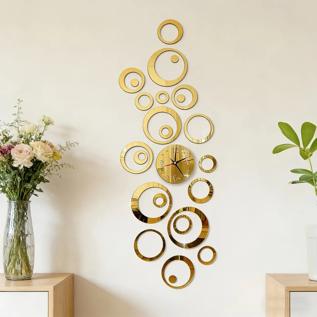 36PC Golden hollow Round Design acrylic mirror Decorative wall sticker, Decorative Stickers, suitable for home decoration, living room, bathroom, bedroom, lintel decoration, DIY Removable wall sticker