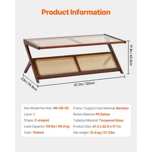 VEVOR Rattan Coffee Table, Z-Shaped Rattan Woven Bamboo Coffee Table with Tempered Glass Top, 47 Modern Boho Storage Coffee Table with Natural Bamboo Legs, for Living Room, Bedroom Small Spaces