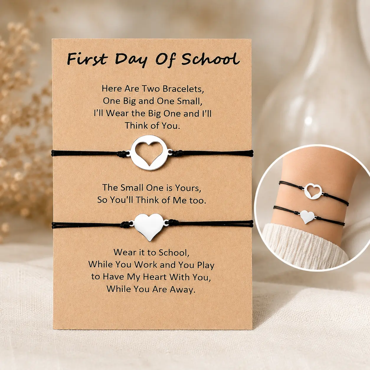 2pcs Handmade Braided Bracelet with Card Set, Back to School Adjustable 304L Stainless Steel Heart Bangle First Day of School Hollow Heart Accessories Festivals Gift