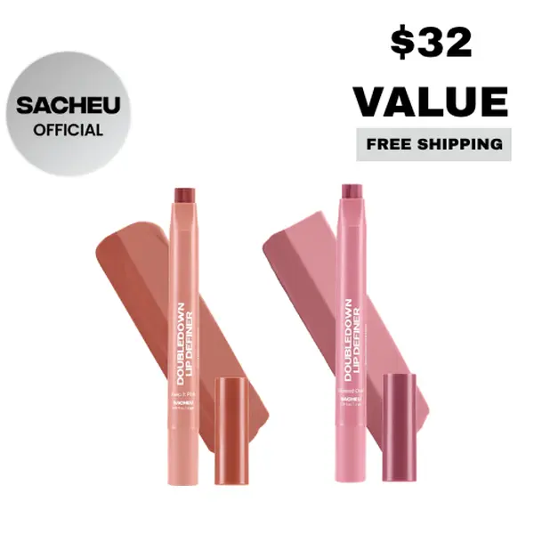 sacheu DoubleDown Lip Definer Duo | Choose Your Shades | 2-in-1 Lip Liner & Lip Balm | Satin Finish Kbeauty Lipstick