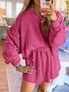Fisoew Womens Casual 2 Piece Outfits Decor Pearl Long Sleeve Sweatshirt and Fall Loose Skort Mini Skirt Sets Womenswear Crewneck Clothes #Springtok #ValentinesDay
