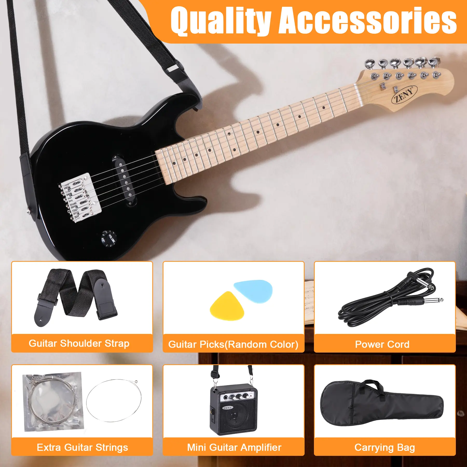 ZENY 30-Inch Kids Electric Guitar 3/4 Size Beginner’s Guitar W/Amp & Accessories Pack, Right-Handed Black, Guitar Strap, Guitar Picks, Beginner Kit