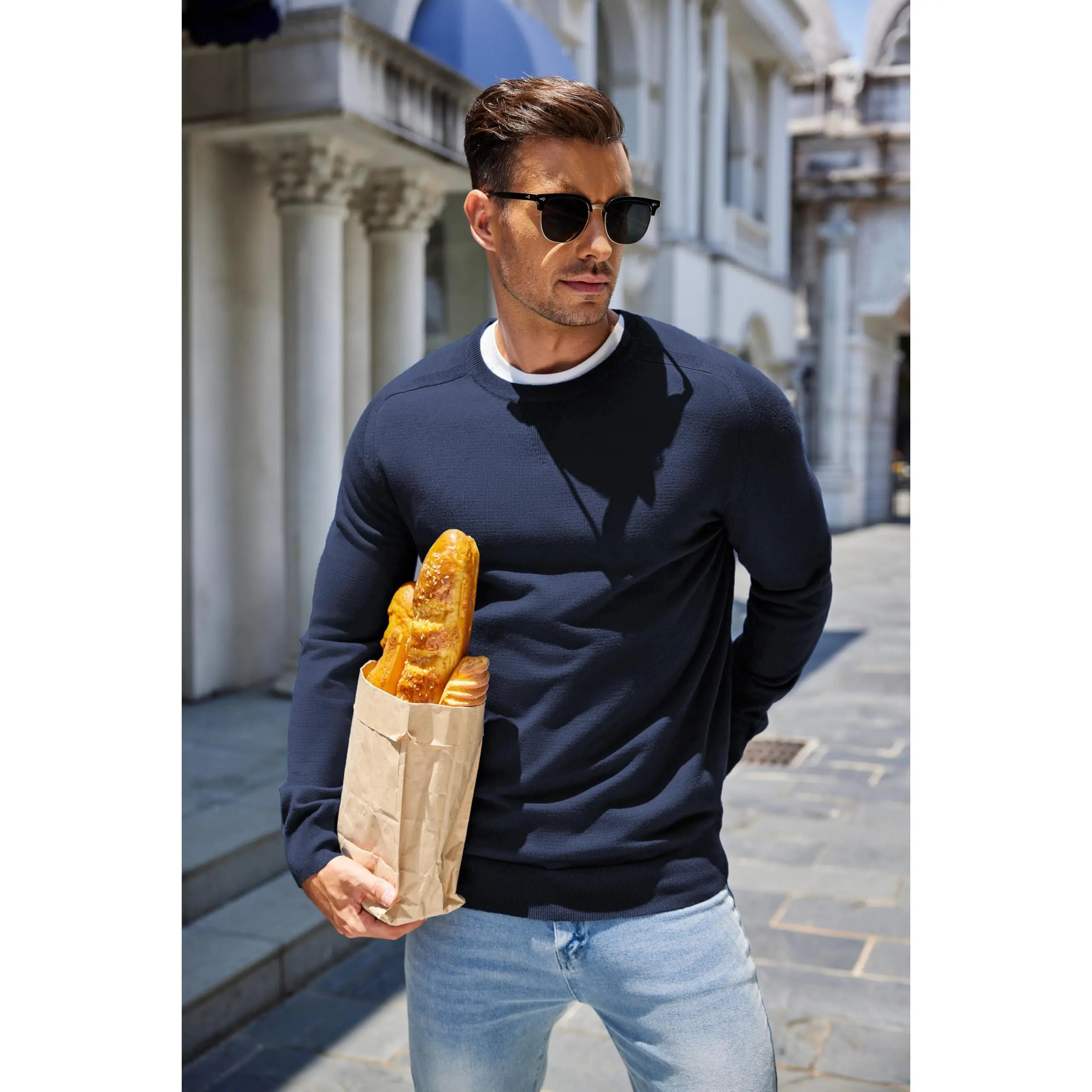 COOFANDY Men's Smooth Polyester Crewneck Pullover Sweater - Long Sleeve, Lightweight, Plain Knit, Slim Fit Triangle Sweatshirt for Men's Tops, Fabric, Menswear, Ribbed, Classic, Matching, Knitwear, Hem, Casual, Longsleeves, Basic, Wrinkle, Soft