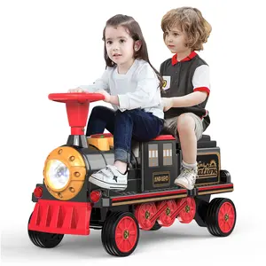 ANPABO 2-Seater Ride On Train Trackless, 12V Ride On Toy with Height-Adjustable Seat, Extra Storage, Headlight, Train Whistle & Music, Electric Car for Kids 3+ (Carriage Not Included), Perfect Christmas Gift