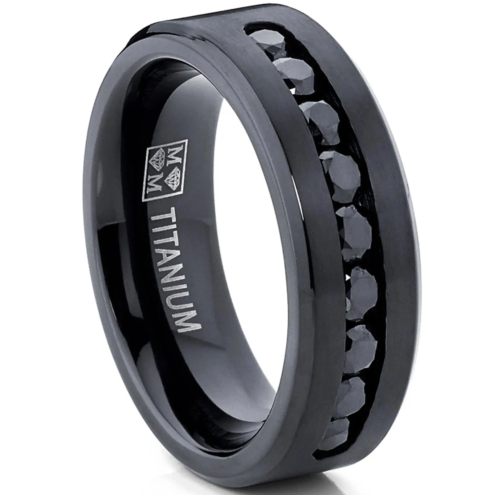 Men's Black Titanium Ring Wedding Engagement Band With 9 Large Channel Set Black CZ, 8mm