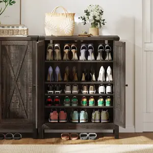 DWVO Shoe Cabinet with Doors, Farmhouse 5-Tier Shoe Storage Cabinet for Entryway, Large Capacity Wooden Shoes Rack Organizer for Entryway/Hallway/Closet, Dark Rustic Oak