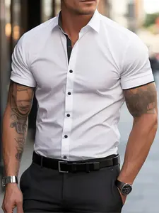 Men's Summer Patchwork Shirt, Business Casual Versatile, Colorblock Design, Fitted Style, Plain Pattern, Casual Lightweight Breathable, Casual Fashion Shirt, No Ca Prop 65 Warning