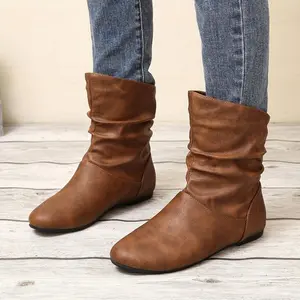 [Chic Ankle Boots] Comfortable Chic Brown Faux Cover Slip-On Ankle Boots for Women - Flat Heel, Round Toe, Wrinkled Design, All-Season Wear, Perfect for Casual Outfits Girl Walking Shoes