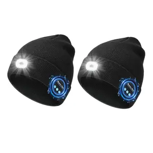 Bluetooth Beanie Hat with LED Light Wireless Musical Knitted Cap with Headphone Stereo Speakers & Mic for Running Hiking Jogging Christmas Gifts for Men Women Black