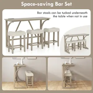 COSTWAY - 4-Piece Bar Table Set with Power Outlet and Upholstered Saddle Seat Stools-Grey and Beige