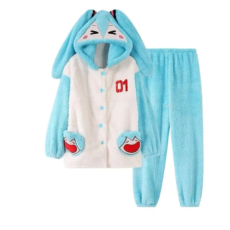 Hatsune Miku Cartoon Animation Peripheral Cute Coral Velvet Long-Sleeve Hooded Pajama Set, Winter Thick Warm Nightwear & Loungewear for Home Use