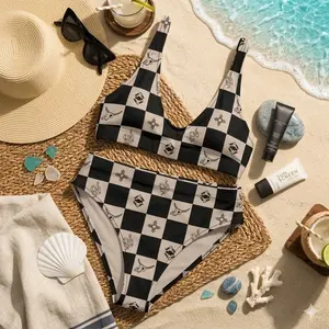 Punchy Checkered Western Bikini Set Western Checkered High Waist Bikini Set Women Southwestern Bull Skull Snake Zia Sun Print Swimsuit Beach Festival Summer Vacation Retro Two Piece Bathing Suit Boho Chic Swimwear