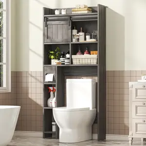 Over-The-Toilet Storage Cabinet with Sliding Door & Toilet Paper Holder Stand, Bathroom Organizer with Side Storage for Restroom