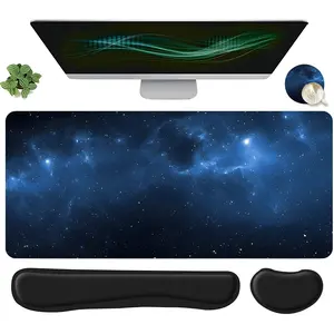 4pcs Blue Galaxy Nebula Design Mouse Pad Set, Mouse Pad with Keyboard Wrist Rest & Coaster, Ergonomic Wrist Support, Computer Mat Mouse Pad Coaster Suitable for Home Office Gaming Desktop Accessory