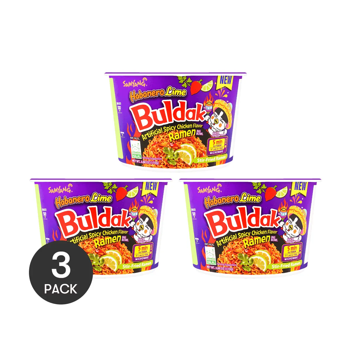 3 Pack SAMYANG Buldak Spicy Chicken Noodles - Korean Hot Chicken Flavor with Lemon & Chili - 110g Cup Noodles