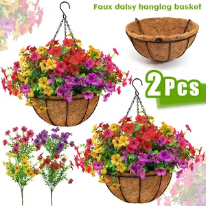 2PCS Artificial Hanging Flower Basket with UV Resistant Faux Daisy Flowers for Outdoor Porch Patio Balcony Garden Decor Realistic Fake Hanging Planters Easy DIY Assembly for Spring and Summer Home Decoration
