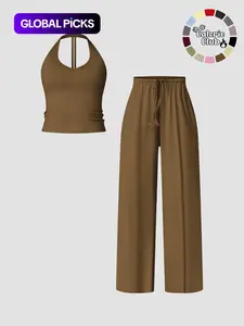 Women's Quick-Dry Sports Tank Top, Casual High-Waisted Bell Bottoms, Comfortable Sporty, All-Season Plain Style, Sports Wear Set