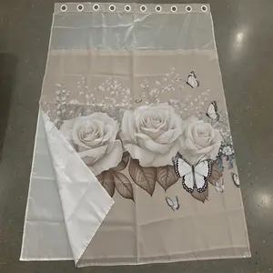 1pc hookless shower curtain with buckle lining, spring white rose butterfly floral design 2D flat printing, fabric waterproof lining shower curtain with see-through window double-layer shower curtain, 71 x 74 inches, modern home curtain decoration.