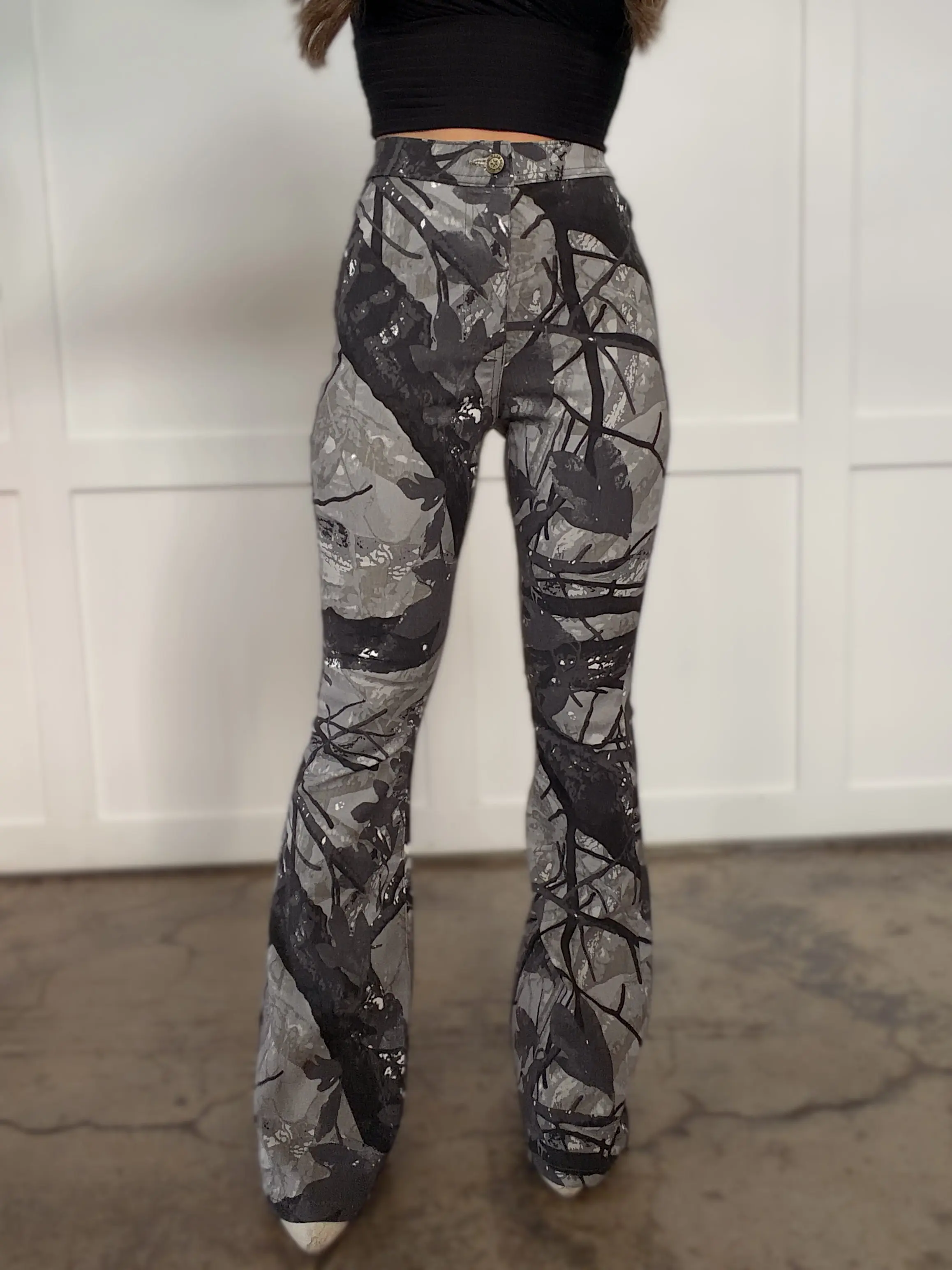 Fiona High Waisted Bell Bottom Flare Jeans - Storm Grey Camo
