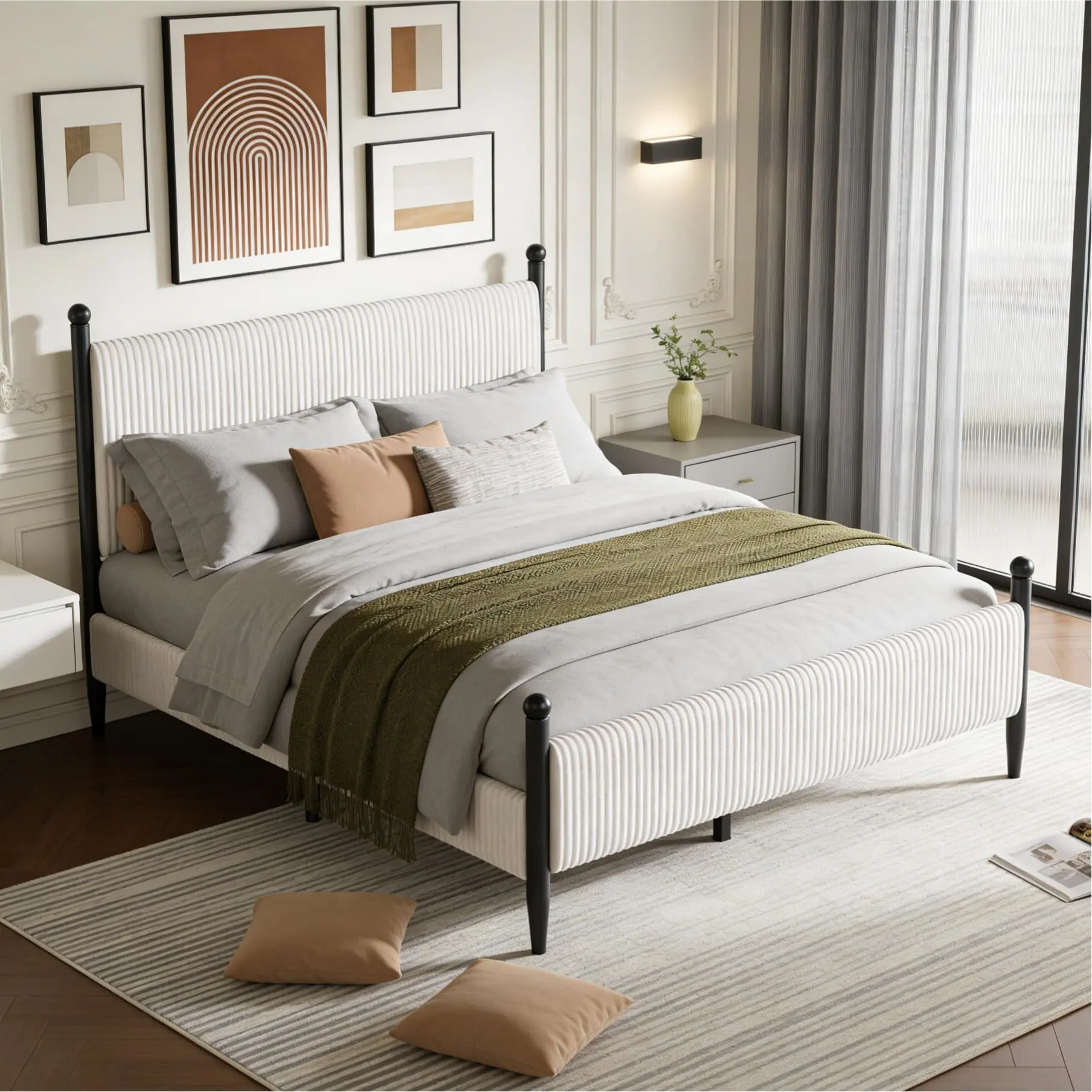 Garvee - Queen Size Bed Frame with Vertical Stripe Headboard, Classic Velvet Upholstered Bed Frame with Metal Legs, No Box Spring Needed, Easy Assembly, White Color