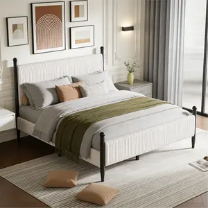 Garvee - Queen Size Bed Frame with Vertical Stripe Headboard, Classic Velvet Upholstered Bed Frame with Metal Legs, No Box Spring Needed, Easy Assembly, White Color